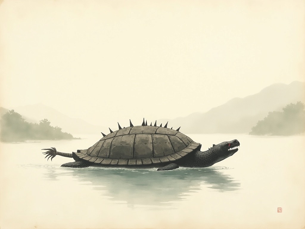 Ink-wash rendering of a Korean turtle ship with a dragon-headed prow on misty water