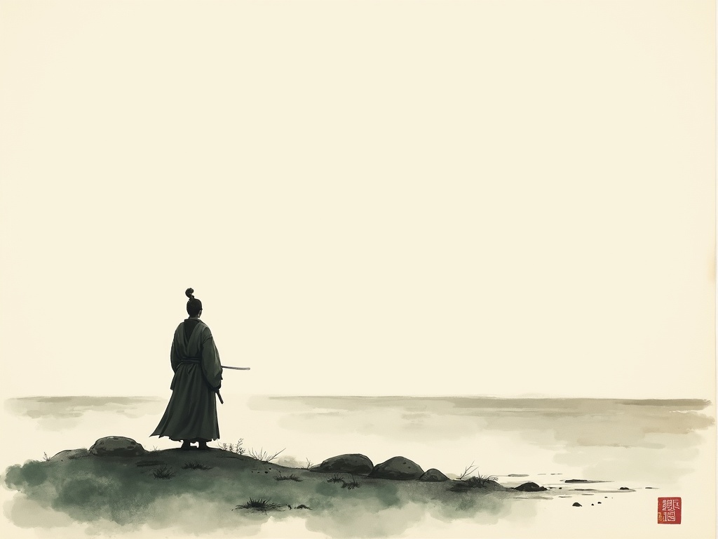 Ink-wash silhouette of a lone Korean admiral gazing over a gray sea