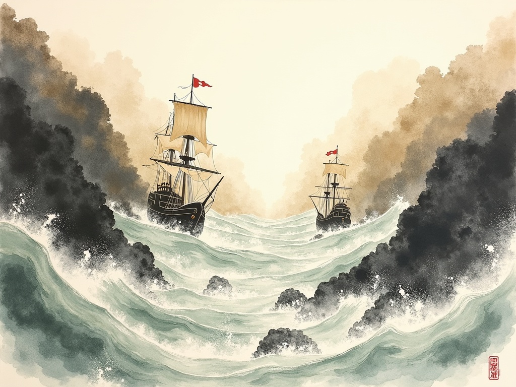 Ink-wash depiction of violent reversing tidal currents wrecking warships in a narrow strait