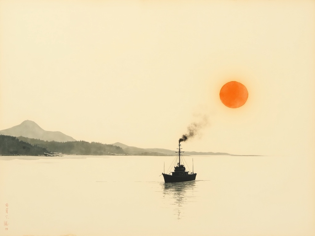 Ink-wash scene of a single warship at dusk in the stillness after battle