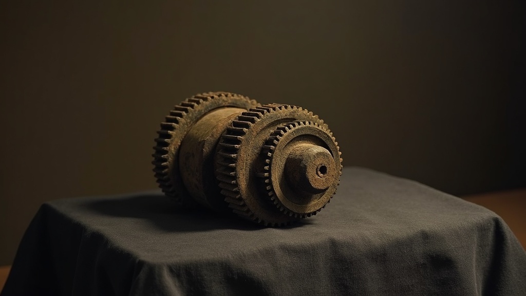 Corroded bronze fragment of the Antikythera mechanism showing interlocking gears