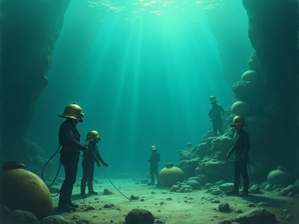 Sponge divers exploring the Antikythera shipwreck among ancient statues