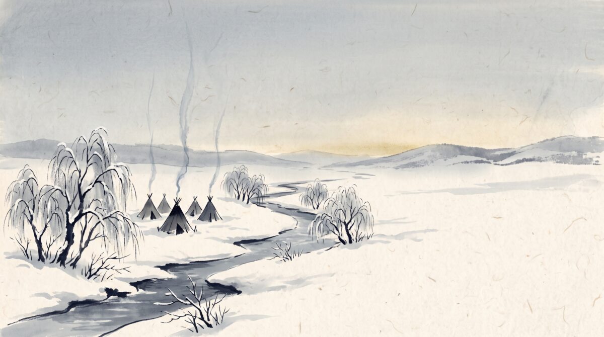 A small winter encampment of hide lodges beside a frozen creek at dawn, painted in minimalist ink style