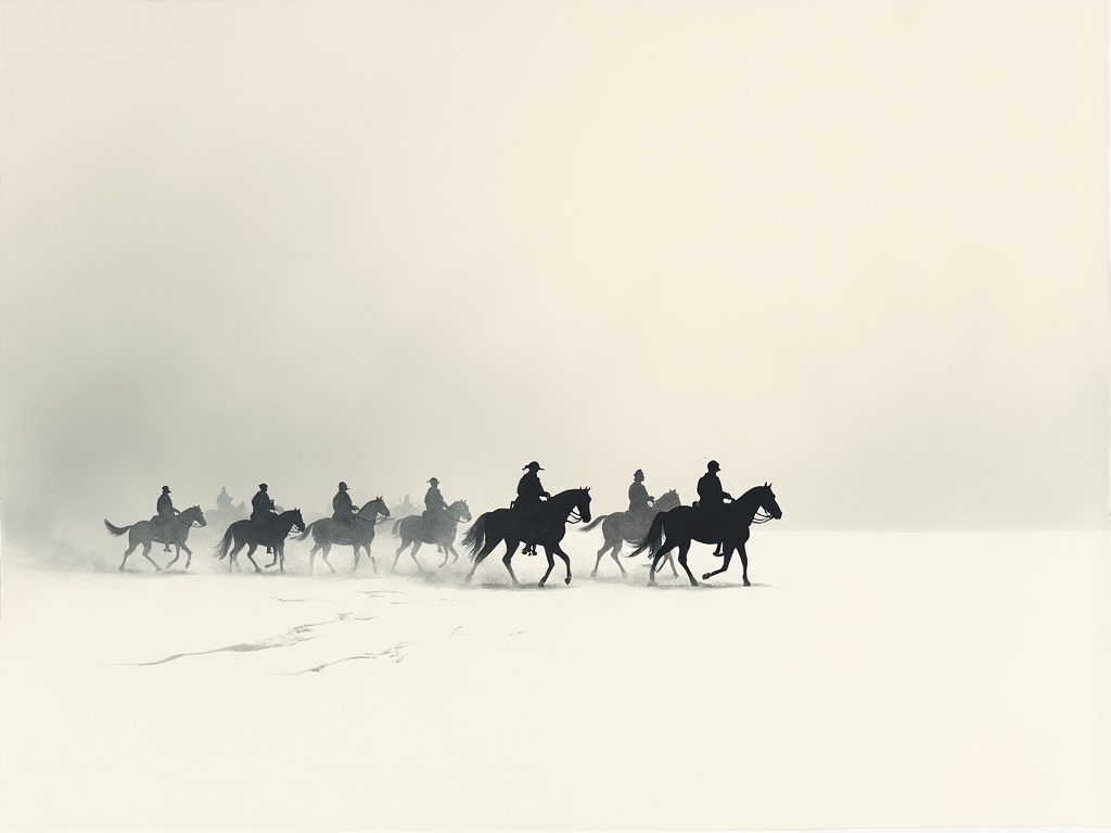 A column of mounted soldiers as dark silhouettes crossing a frozen plain at dawn