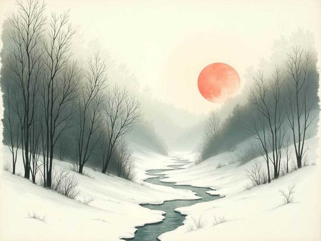 A steep frozen ravine lined with bare willows and a high embankment along a narrow creek