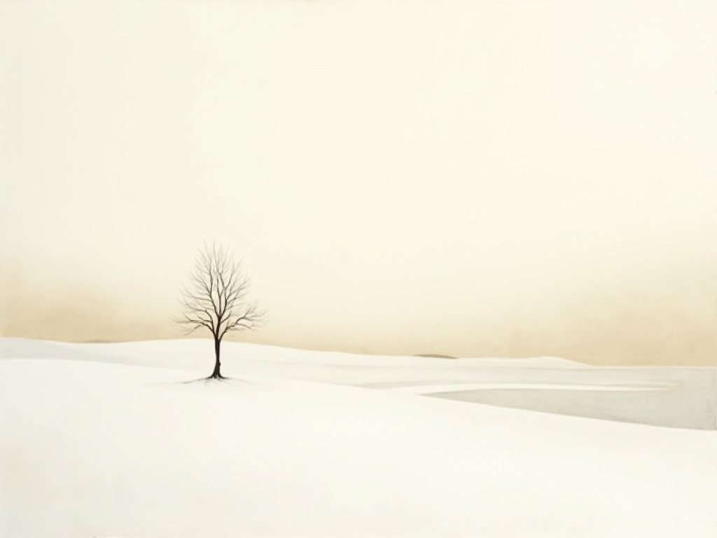 An empty snow-covered river valley with a single bare willow under a leaden sky