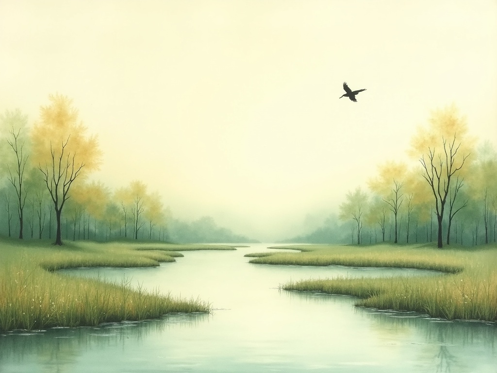 A healing river landscape with green wetland, native grasses and a clear meandering creek in soft light
