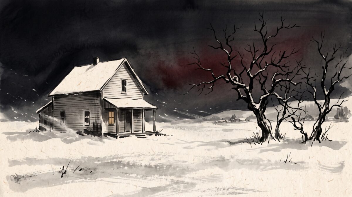 A solitary snow-bound farmhouse glowing under a black winter sky, rendered in minimalist sumi-e ink on rice paper
