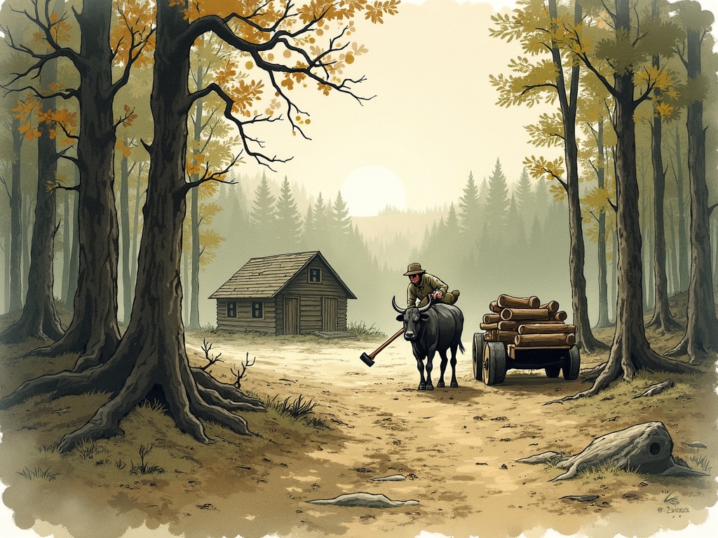 Irish settlers clearing forest and hauling logs with an ox cart on a frontier homestead, in muted sumi-e ink