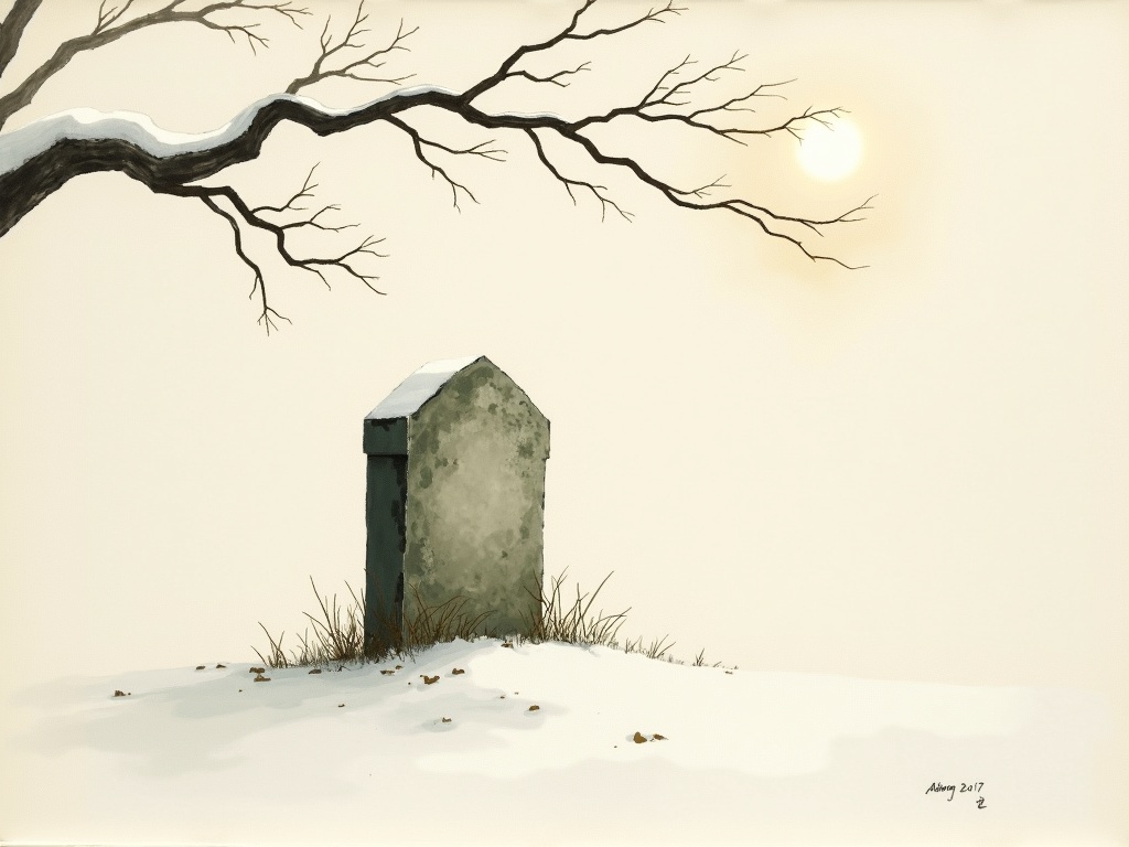A weathered gravestone alone in a snowy country churchyard under a bare branch, in reflective sumi-e ink