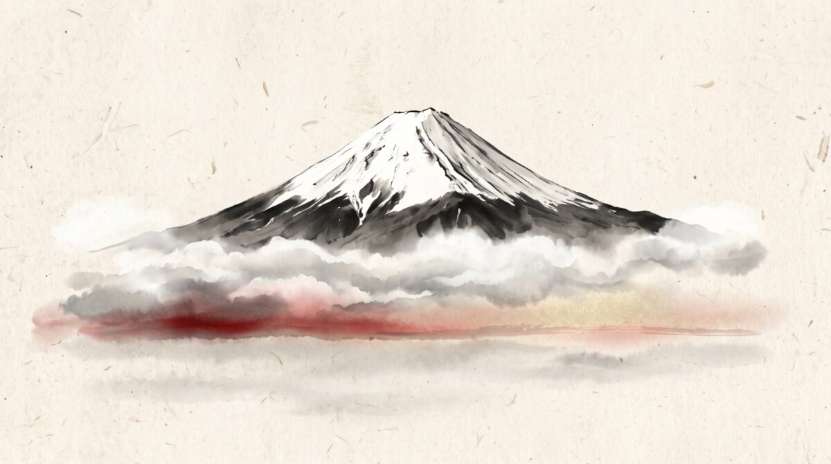 Sumi-e style painting of a snow-capped Mount Fuji rising serenely above cloud