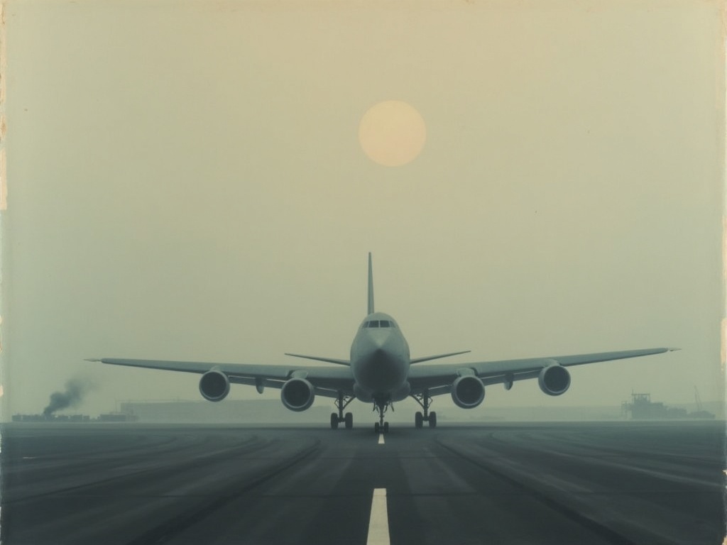 A jet airliner taxiing past faint smoke on a foggy runway in muted ink tones