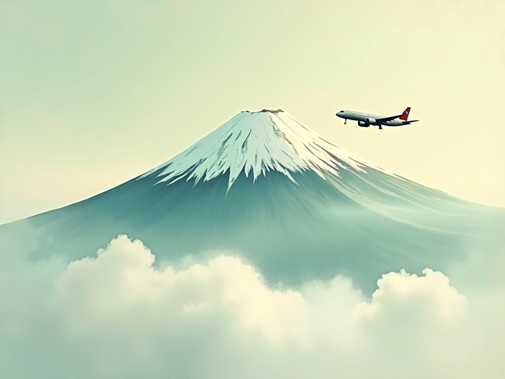 A tiny airliner climbing toward the vast snowy slopes of Mount Fuji