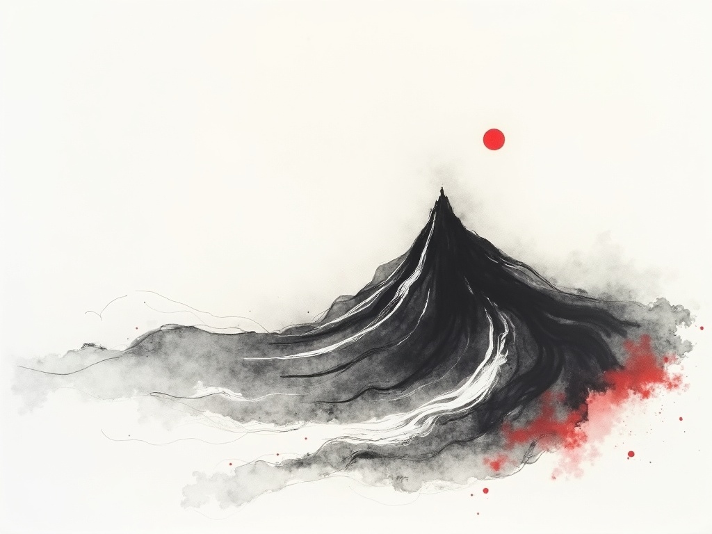 Abstract ink brushstrokes suggesting violent wind waves curling behind a mountain