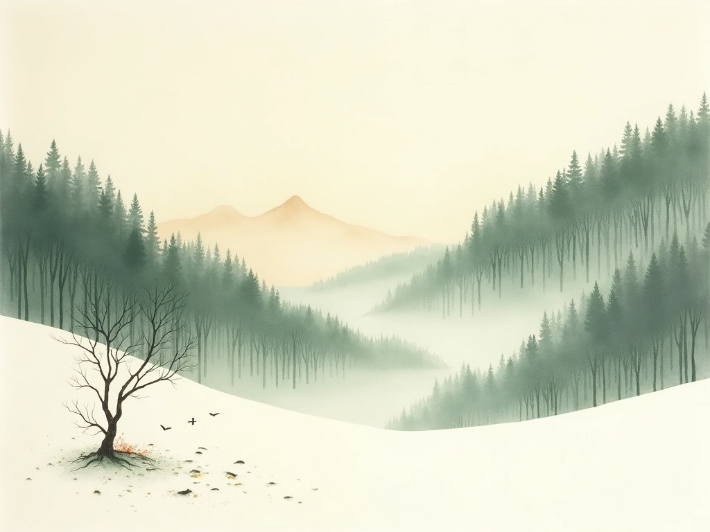 A still, snow-dusted forested slope at dawn with a sprig of plum blossom
