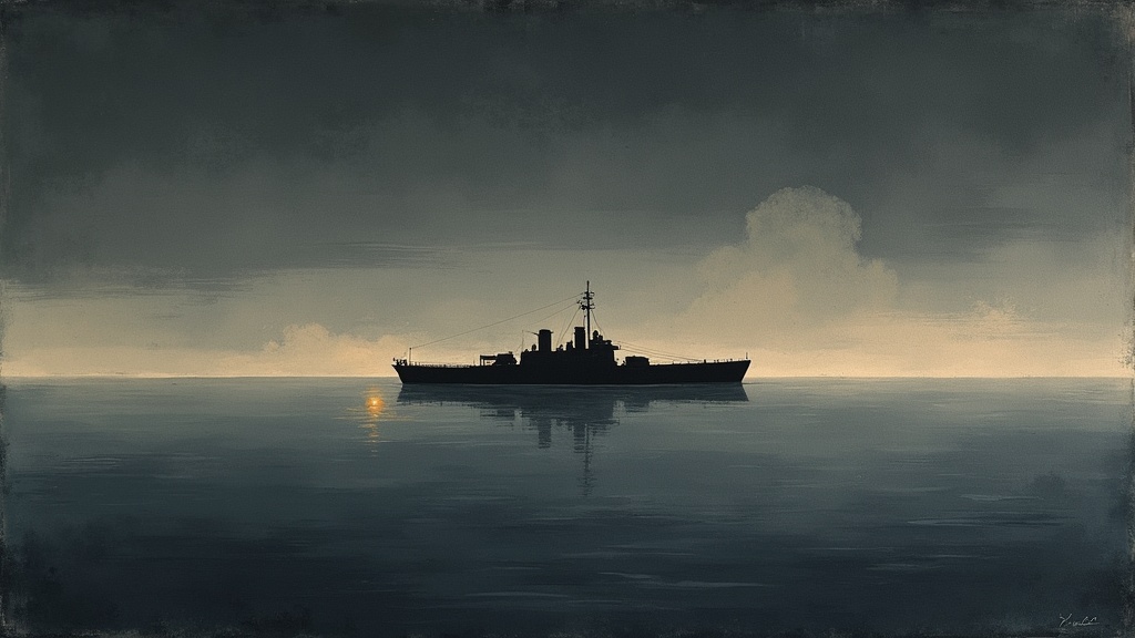 A distant landing ship on a calm dark sea at night