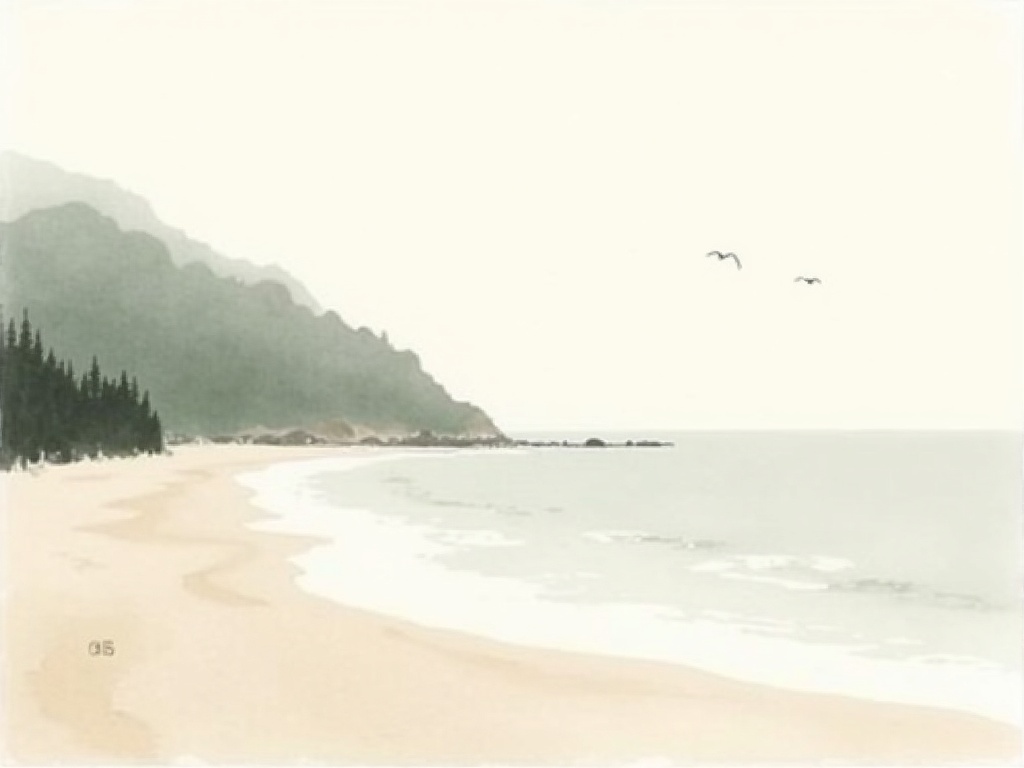 A quiet empty shingle beach backed by a low green ridge