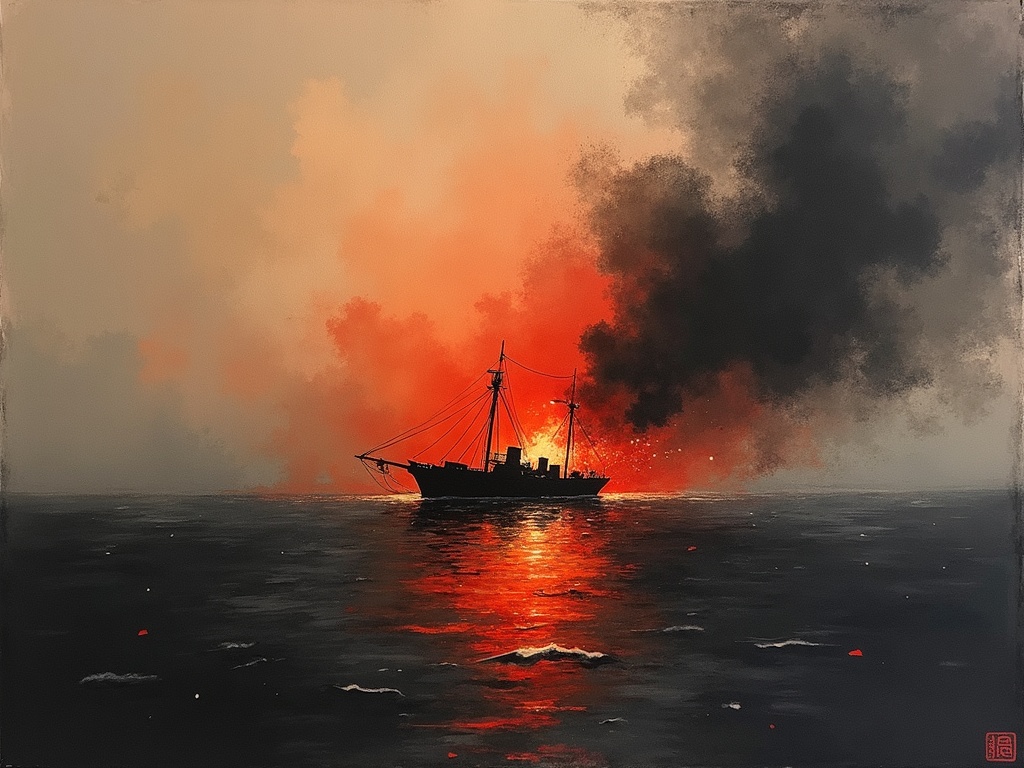 A single bloom of fire on a dark night sea
