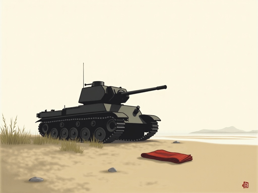 A recovered tank standing as a monument at the edge of a quiet beach