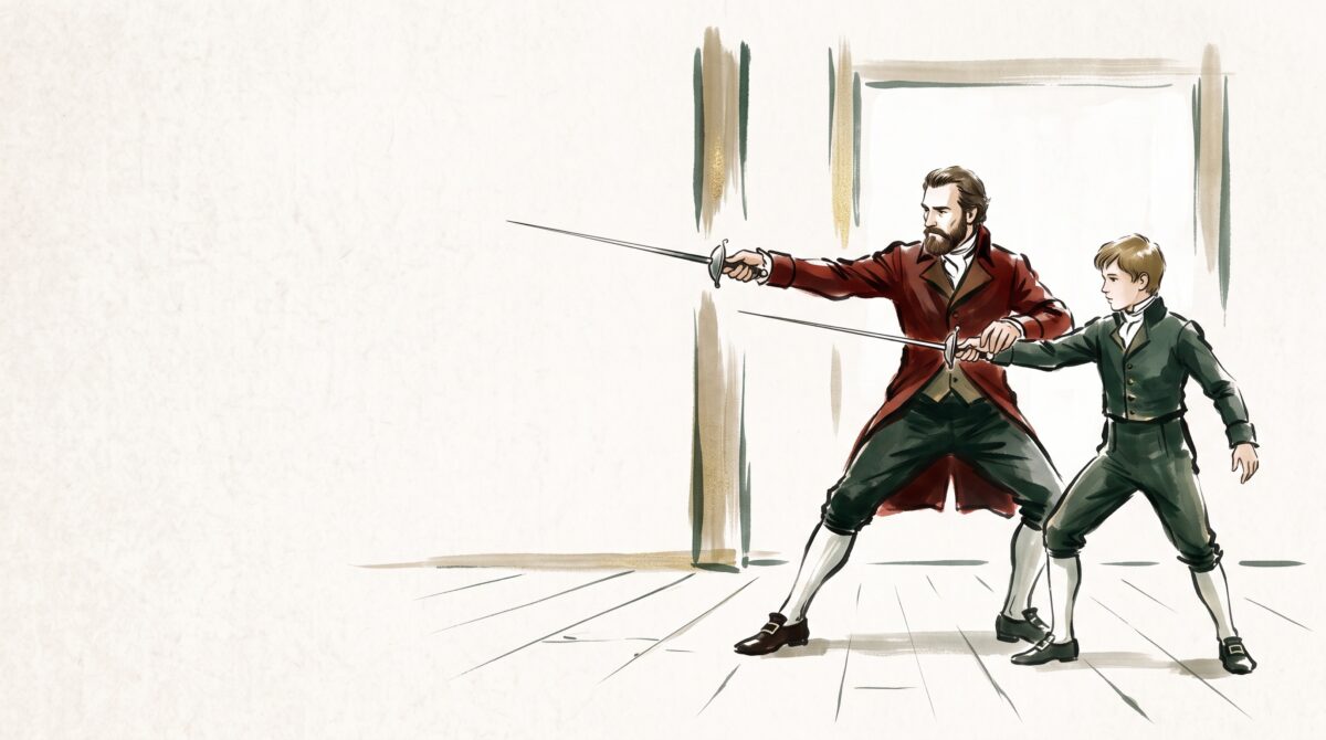 A Swedish fencing master teaching a young pupil sword-fencing drills in a spare Nordic hall