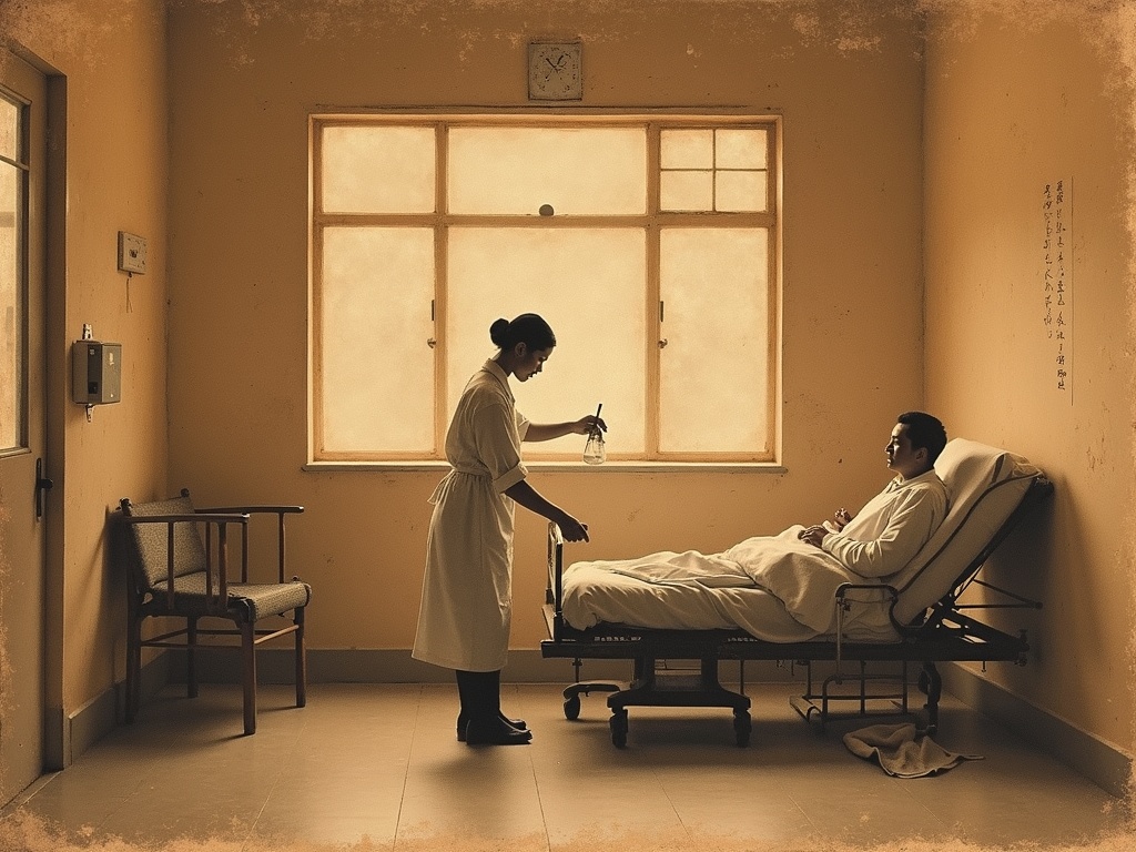 A WWI-era therapist working a wounded soldier's arm in a quiet ward