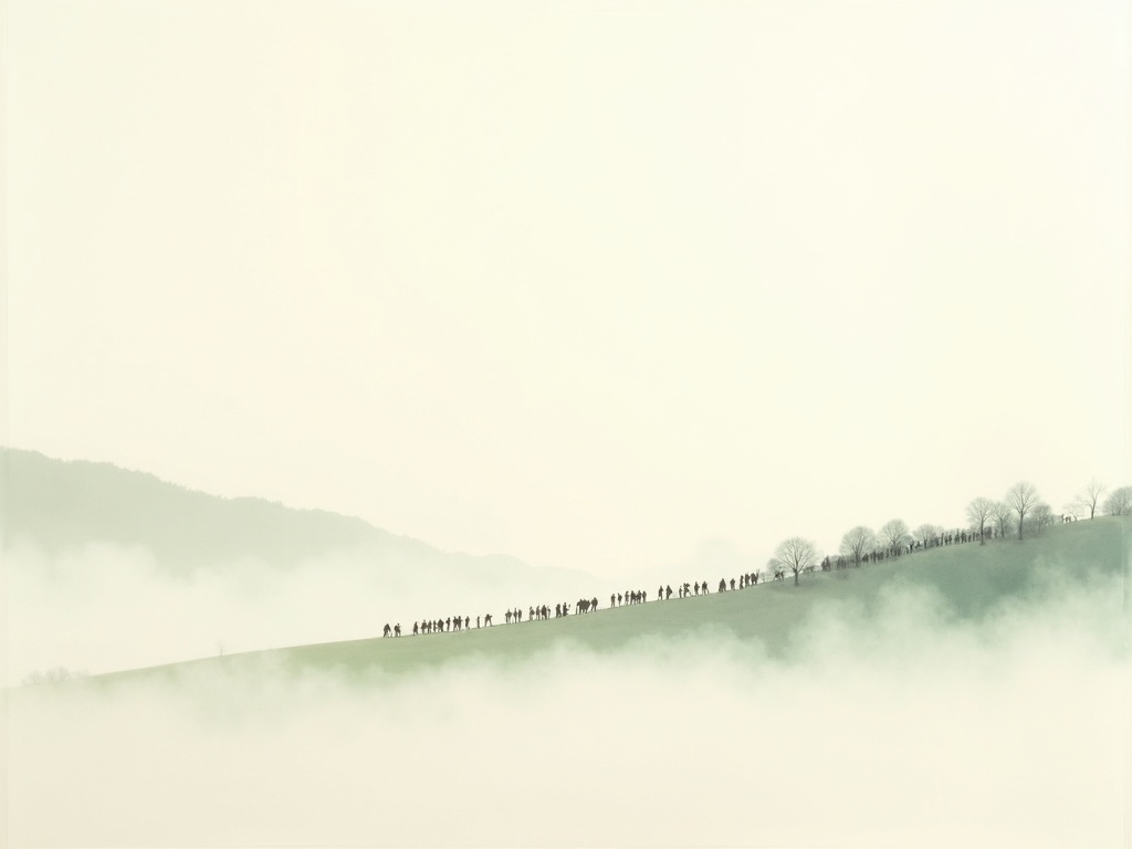 A distant column of Continental Army soldiers marching across a misty ridge