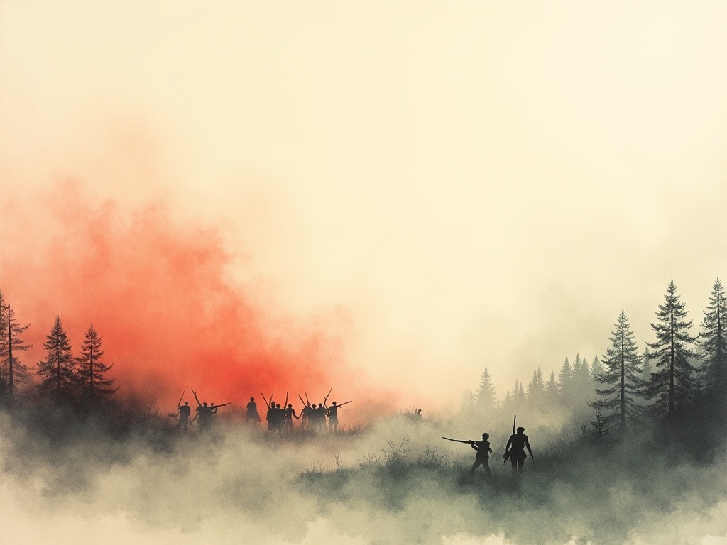 Smoke and suggested figures on a Revolutionary War battlefield at dawn