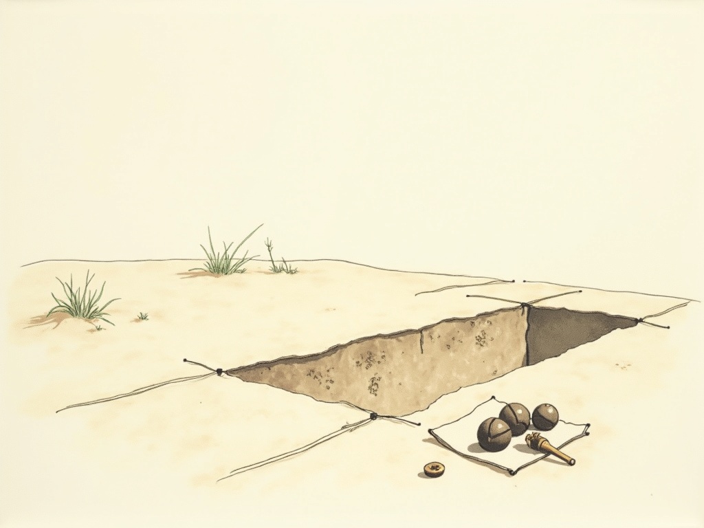 A shallow archaeological excavation in a pine-edged field with musket balls and a button