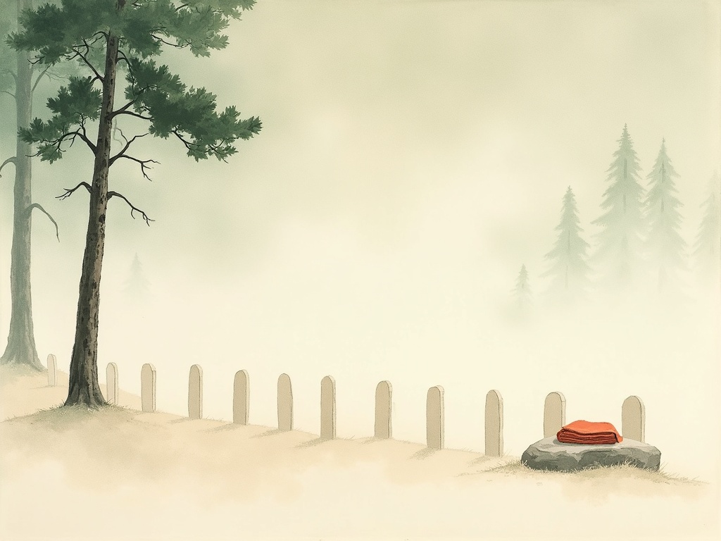 A row of plain headstones beneath pines in soft mist