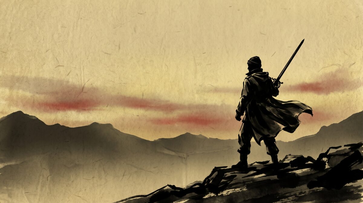 A lone officer on a ridge at dusk holding a raised broadsword, painted in minimalist ink style
