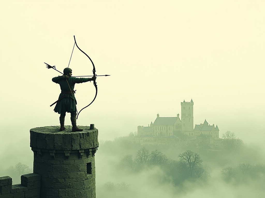 An archer drawing a longbow atop a ruined tower over a hazy village, in minimalist ink style