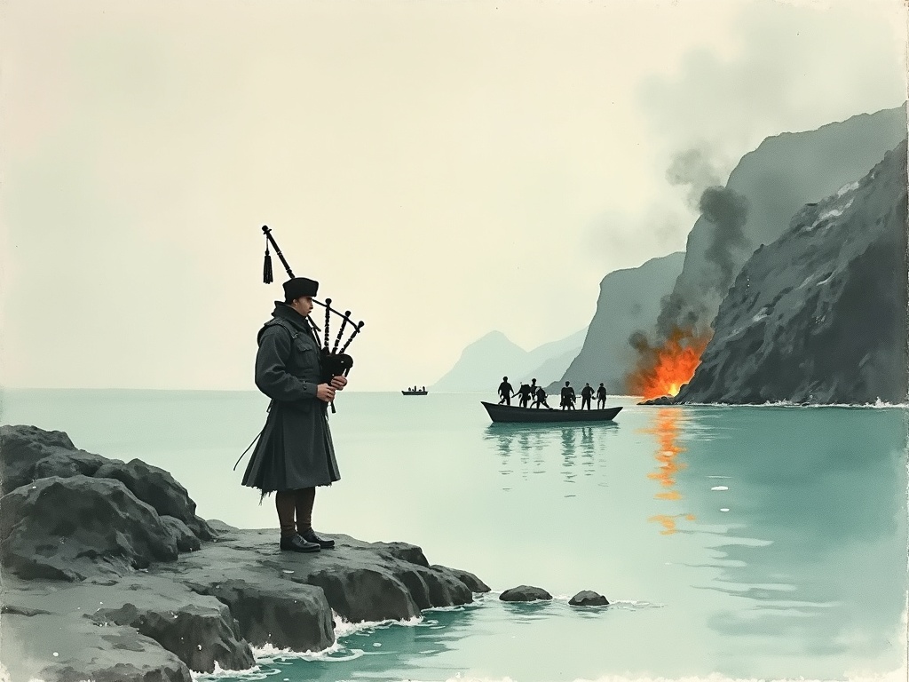 A piper playing bagpipes wading ashore from a landing craft toward a rocky coast, minimalist ink style
