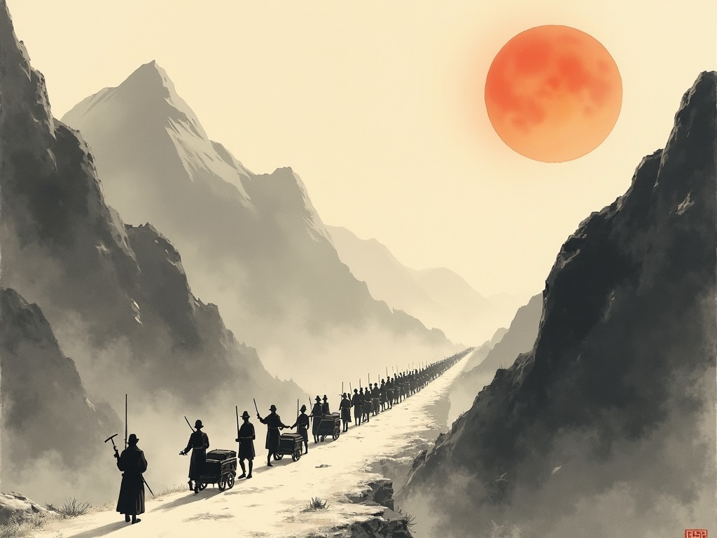 A single officer with a sword leading a long line of surrendered soldiers down a moonlit pass, ink style