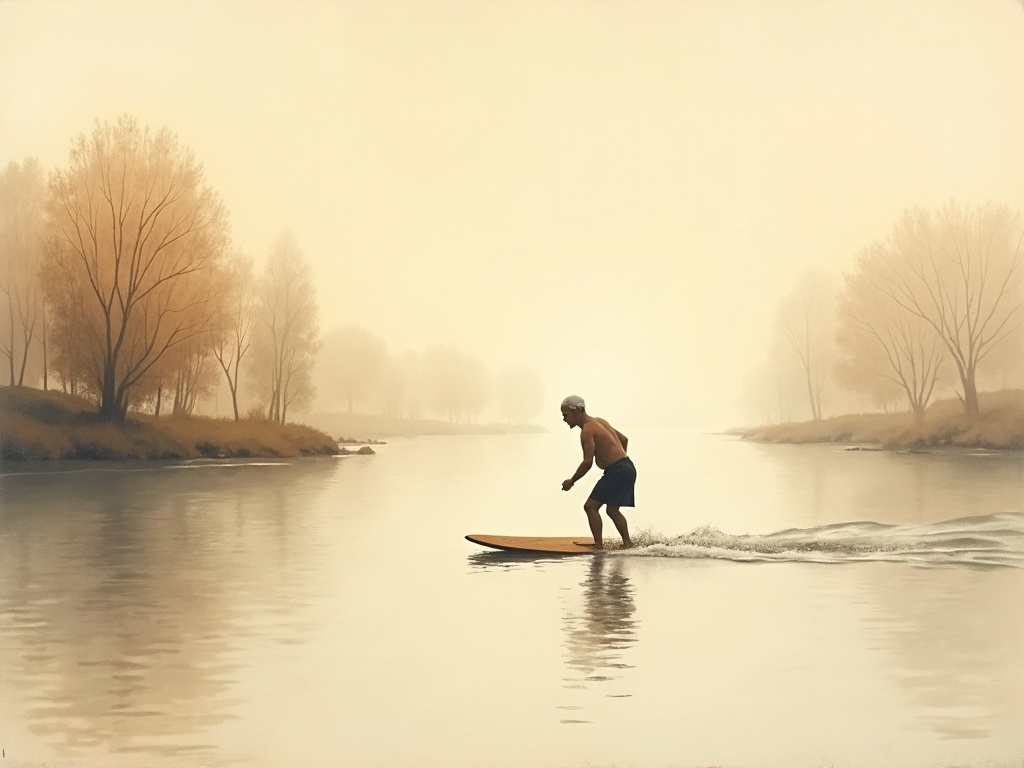 An older man alone surfing a tidal river wave at dawn beneath willow trees, minimalist ink style