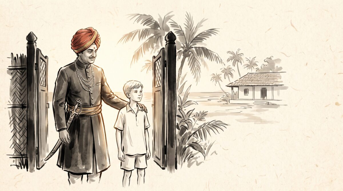 A turbaned Indian maharaja resting his hand on a thin child's shoulder at a camp gate, in minimalist sumi-e ink on rice paper
