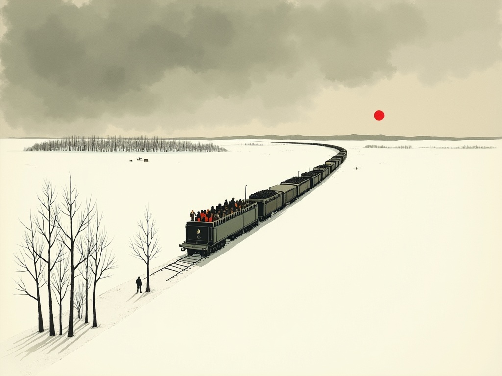 A freight train of cattle wagons crossing a frozen snowbound Siberian plain, in bleak sumi-e ink