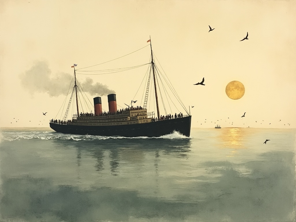 A crowded steamship of blanket-wrapped children crossing a grey sea toward a golden horizon, in sumi-e ink