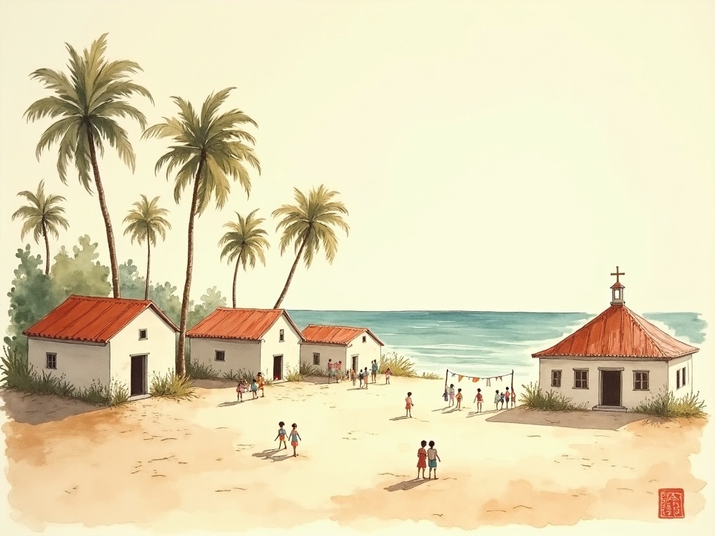 Whitewashed seaside camp bungalows among palms with children playing and a small chapel, in warm sumi-e ink