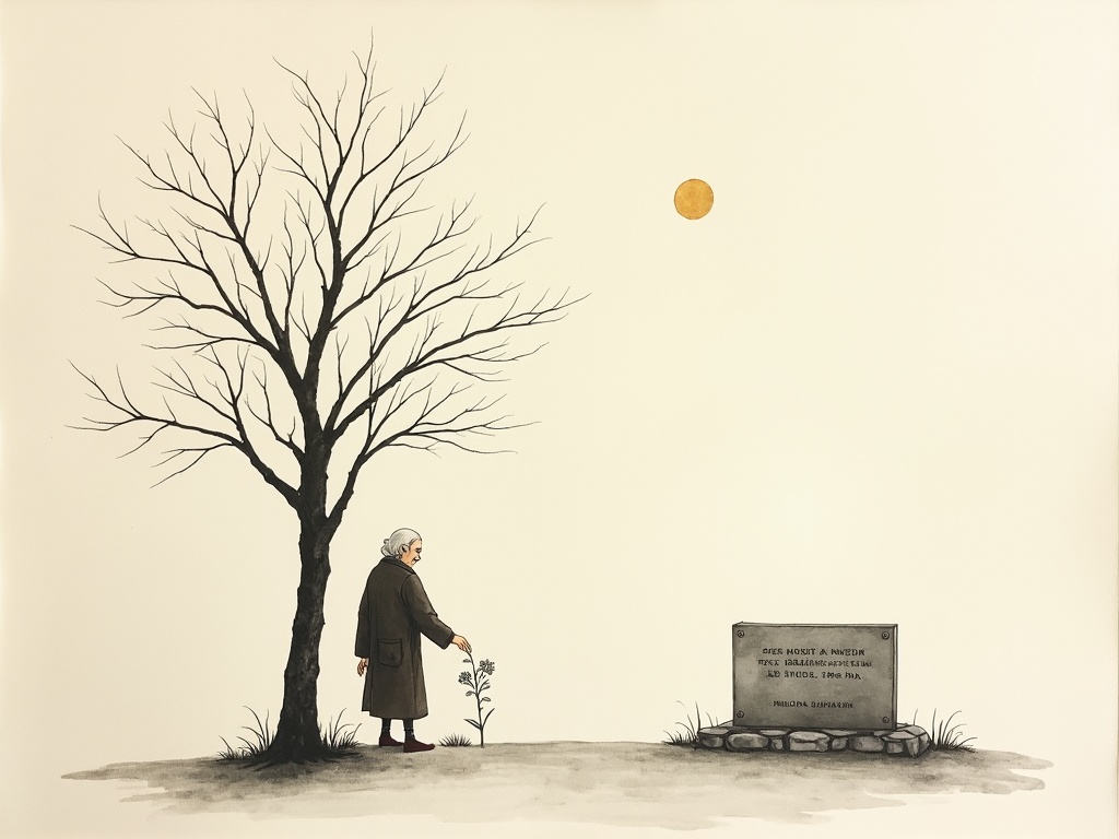 An elderly hand laying a flower at a modest stone memorial in a city square, in reflective sumi-e ink