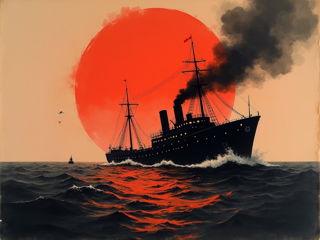 A cargo ship breaking apart and sinking at dusk with a torpedo wake, in dramatic ink-wash style