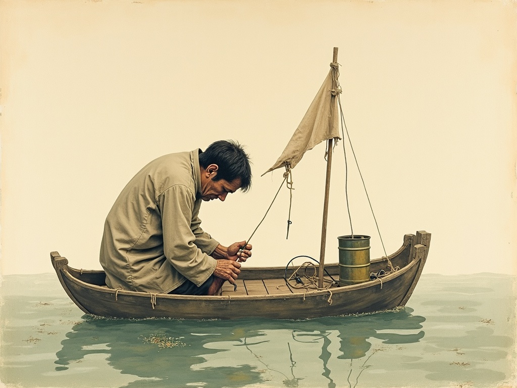Weathered hands improvising a fish hook from metal and twine on the edge of a raft, in minimalist painted style