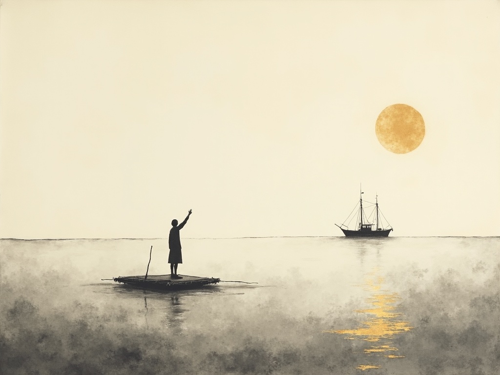 A lone figure on a raft reaching toward a distant ship sailing away across an empty grey sea