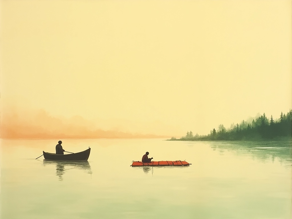 A small fishing boat approaching a frail survivor on a raft near a calm coastline at golden hour