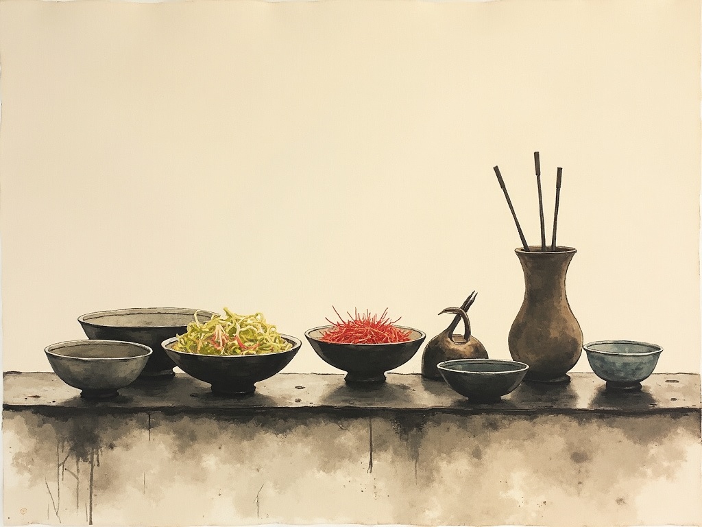 A restaurant salad bar rendered as a quiet, restrained painterly arrangement