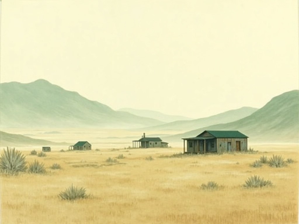 A remote desert commune of simple buildings under a wide pale sky