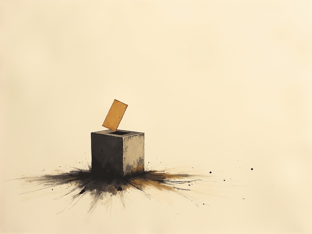 An empty ballot box suggested in a few restrained brushstrokes