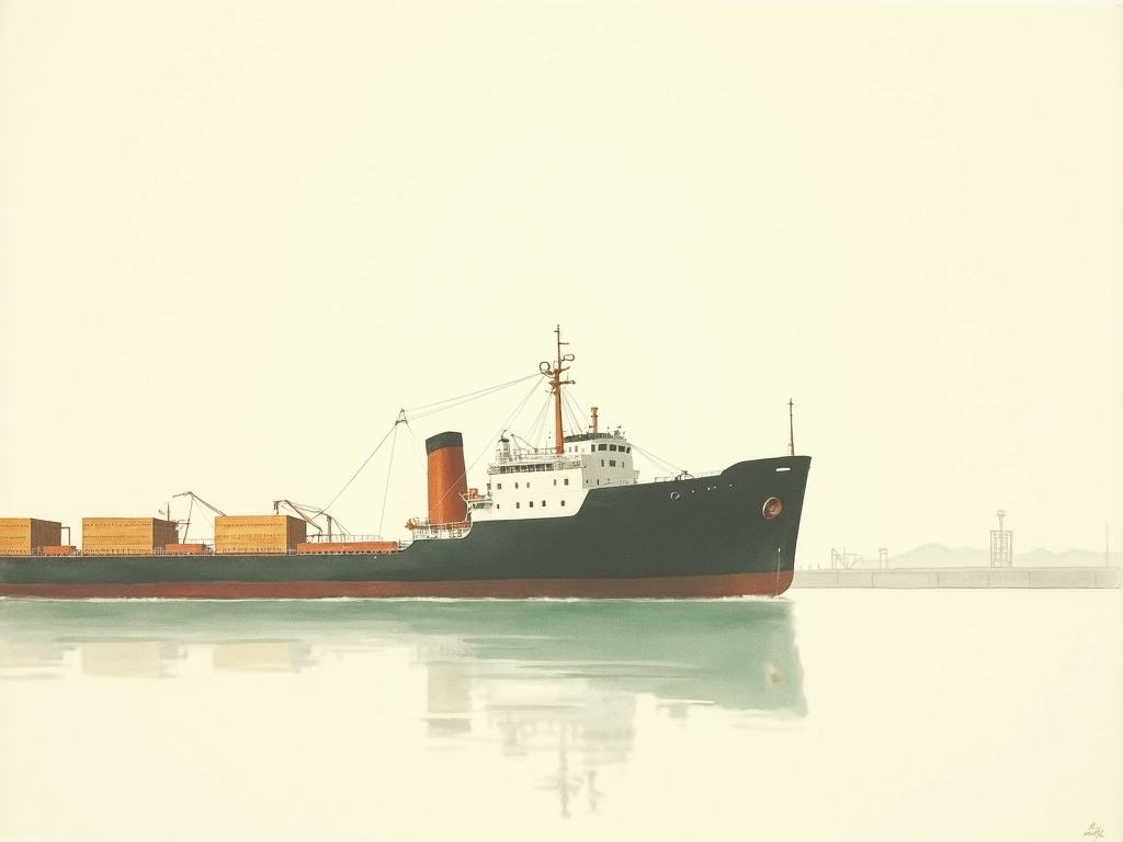 A newly launched giant ore freighter resting at a harbor dock in profile
