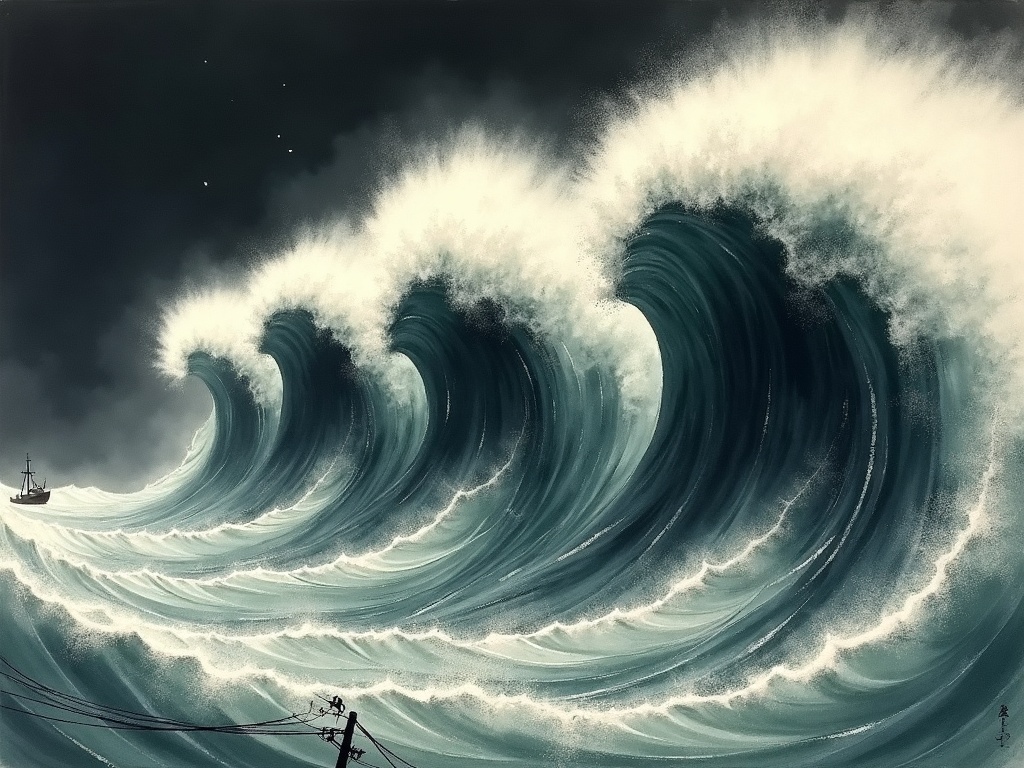 Three towering rogue waves crashing over the deck of a freighter at night