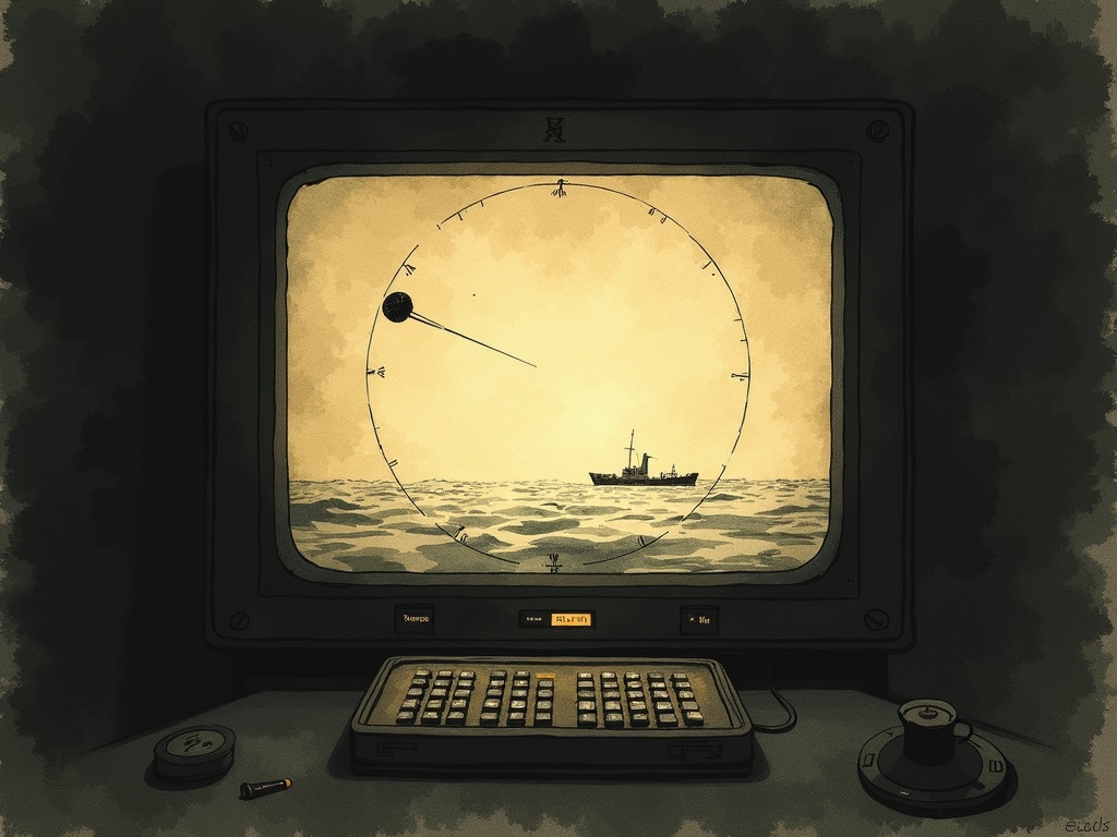 An empty radar screen glowing in a dark pilothouse where a ship's signal has vanished