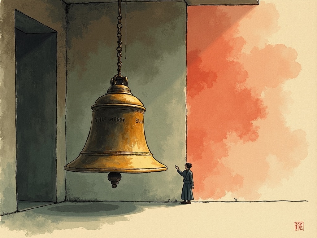 A bronze ship's bell hanging in a quiet memorial hall, catching soft light